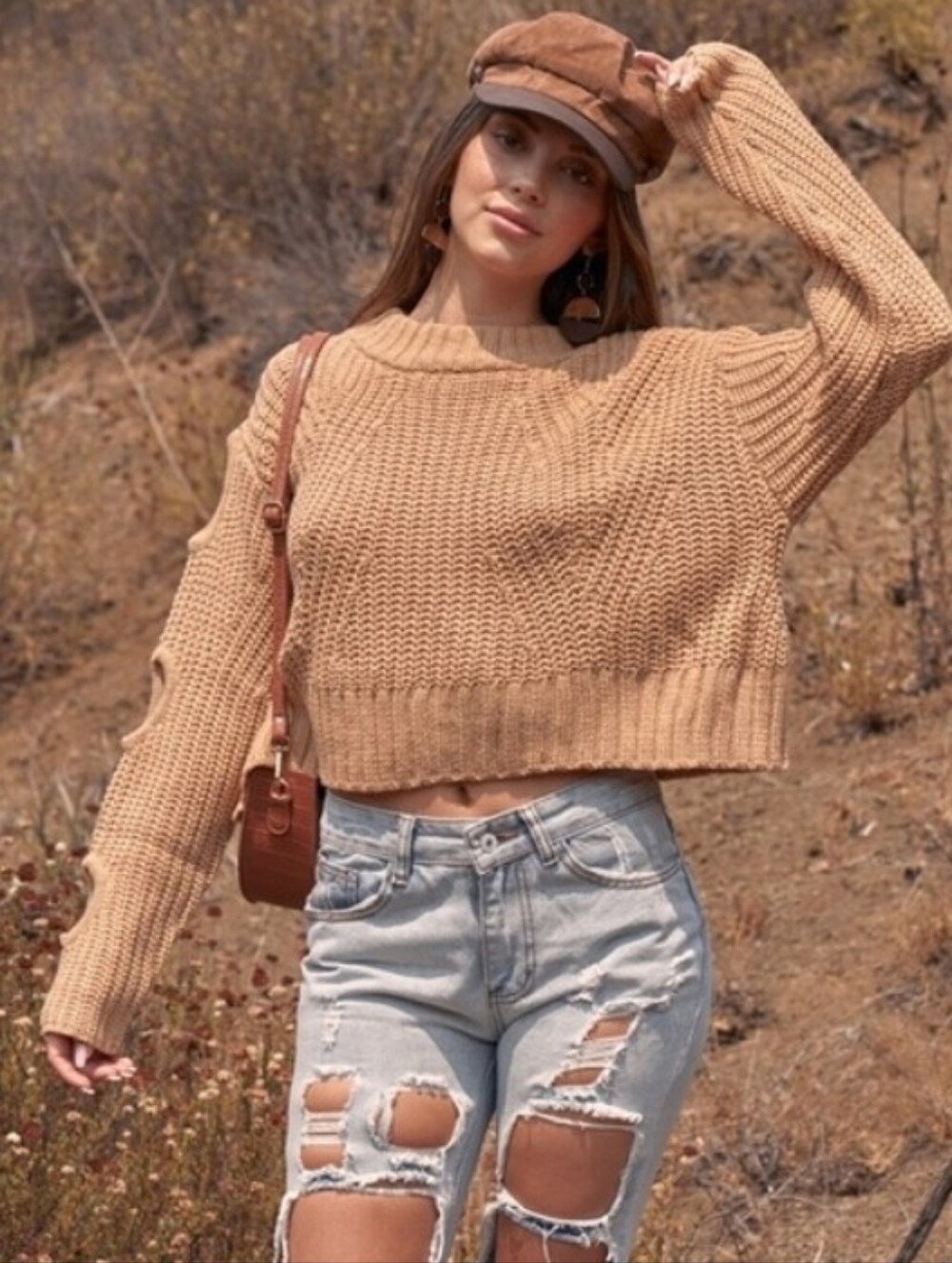 UNIQ Caramel Chunky Knit Cropped Cutout Sleeve Sweater M/L